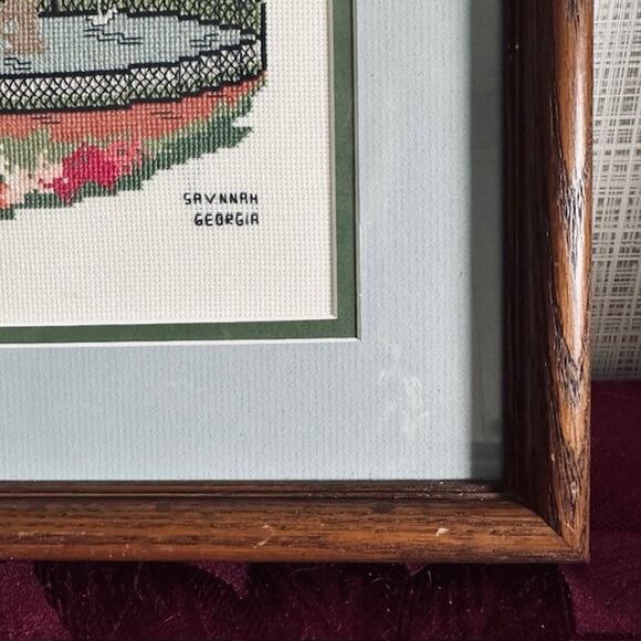Vintage Needlepoint 16" Wood Framed Artwork, Forsyth Park, Savannah GA Folk Art - Picture 8 of 15